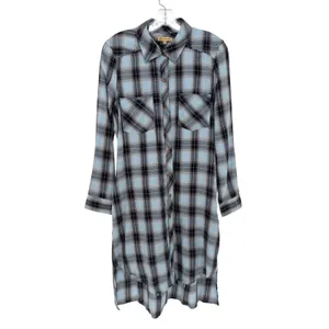 Democracy Plaid Flannel Dress Womens S Blue Distressed Hem Coastal Cowgirl Boho thumbnail 3