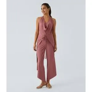 HALARA High Waisted Tie Front PANTS OR JUMPSUIT Size XL Light Rose Red thumbnail 3