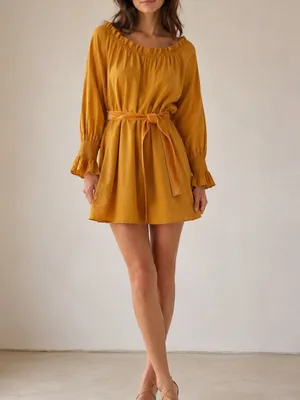 DOEN Miro Golden Hour Mustard Smocked Neck Waist Tie Boho Cottagecore Mini Dress thumbnail 10