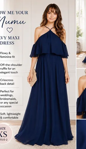 Show Me Your Mumu Navy Maxi Dress XS Off Shoulder Flutter Sleeve Formal Bridesma thumbnail 1