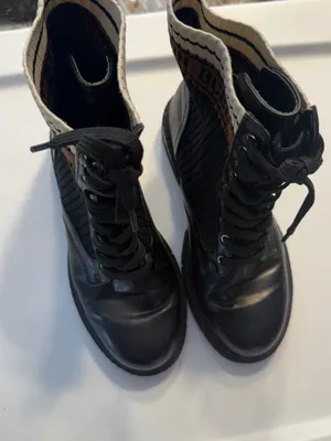BCBG Black Knit-Shaft Combat Boots with Brown and Cream Trim Womens 6.5 thumbnail 2