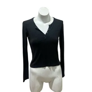 Brandy Melville Women's Black Henley Long Sleeve Button-Up Top M thumbnail 5