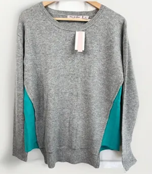 Olivia & Grace 100% Cashmere Sweater Size M Grey Turquoise Crewneck Soft Knit thumbnail 1