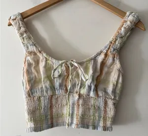 American Eagle Plaid Pastel Earth Tones‎ Smocked Bubble Crop Top thumbnail 1