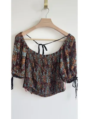 Free People Boho Smock Back On Top Multicolor Floral Puff Sleeve Crop Top Sz S thumbnail 8