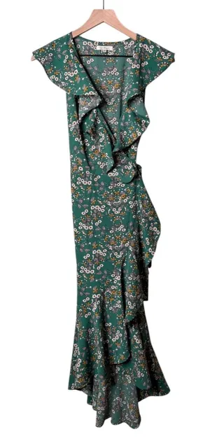 Max Studio Floral Short Ruffle Sleeve Wrap Maxi Dress Green Yellow White Small thumbnail 1