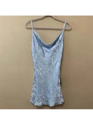 Lulus Close to Your Heart Dusty Blue Satin Jacquard Cowi Slip Dress Size L thumbnail 4