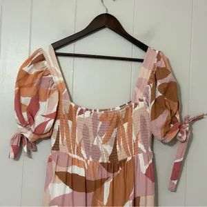 The Girl and The Sun Everlight Leaf Print Midi Dress Puff Sleeve Smocked Size L thumbnail 2