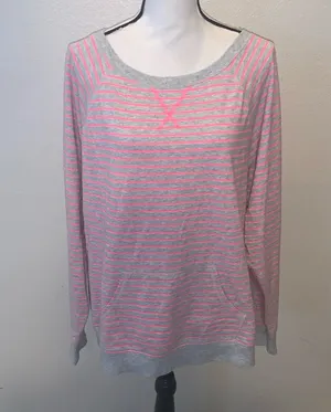 Made For Life pink grey striped casual pullover sweatshirt thumbnail 1