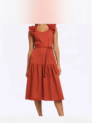 Nation size XL Ruffle Sleeve Tiered Midi Dress Burnt Orange guest minimal party thumbnail 12