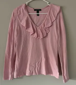Lauren Ralph Lauren Pink Ruffle Collar Blouse Top Size Medium Preppy Workwear thumbnail 1