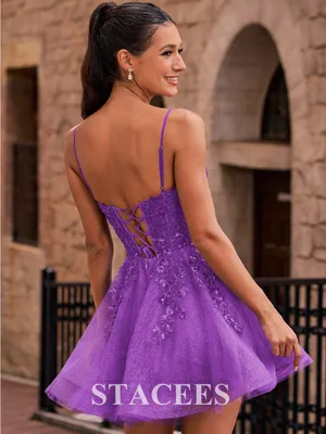 Stacees sparkly glitter A-Line short homecoming dress corset top ballerina thumbnail 2