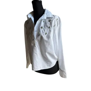 Talbots Petite White Cotton Popover Shirt Rhinestone Embellished Western Country thumbnail 4