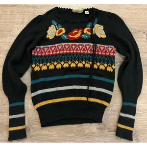 Vintage Embroidered Floral Fair Isle Sweater Womens Medium Black Good Boho thumbnail 3