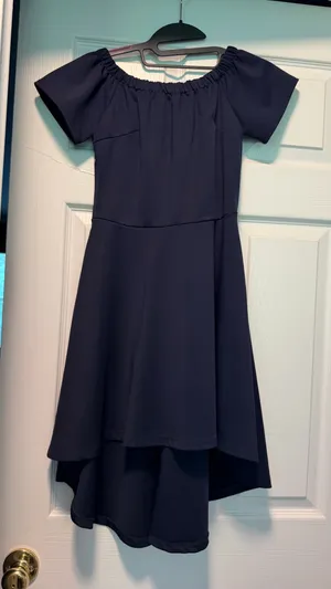 Navy Off-Shoulder High-Low Dress Small with side zipper, high quality/heavy thumbnail 1