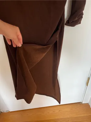 Mango Asymmetrical Elegant One-Shoulder Brown Midi Dress Gathered Sides Sz M thumbnail 7