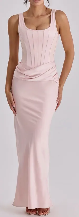 NEW HOUSE OF CB Kira Blush Pink Corset Bodice Satin Gown Sz L thumbnail 1