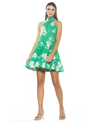 Alexia Admor Molly Green Daisy Floral Halter Tiered Mini Dress thumbnail 2