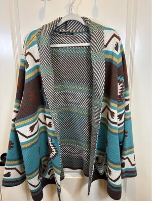 Anne French Aztec Geometric Open Front Cardigan Southwestern Cozy Casual 2X/3X thumbnail 1