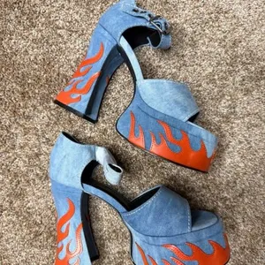 Current Mood Little Pistol Platform Heels 7 Denim Orange Flame Block thumbnail 4