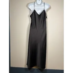 NICOLE MILLER Midi Black Satin Ruched Slip Dress Size‎ Medium Evening Chic LBD thumbnail 5