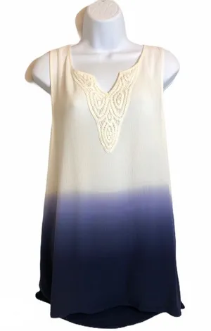 Boho Ombre Dip-Dye Sleeveless Tunic Top Cream Navy Crochet Lace V-Neck Blouse L thumbnail 1