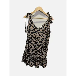 Karlie Leopard Tie Shoulder Ruffle Bottom Dress Womens S Tan Black Animal‎ Print thumbnail 2