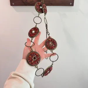 Vintage Red Stone Medallion Chain Belt Antique Brass Boho Statement Accessory thumbnail 2