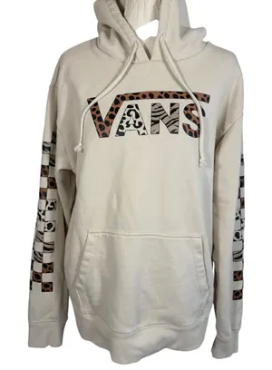 Vans Hoodie Womens Medium Cream Animal Print Checkerboard Fleece Pullover Casual thumbnail 1