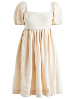 J. Crew Size 12 Beige Puff Sleeve Linen-Cupro Blend Mini A-Line Dress Pockets thumbnail 1