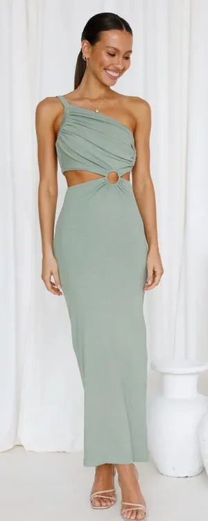Hello Molly Sage Green One-Shoulder Cutout Maxi Dress with Ring Detail thumbnail 1