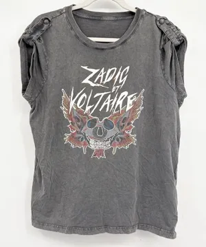 Zadig & Voltaire Womens Faded Grey Skull Graphic Grunge Punk Rocker Muscle Tee M thumbnail 1