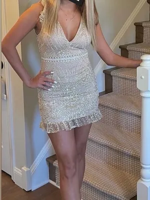 Hello Molly Match Me Dress Champagne Beaded Open Back Mini XS thumbnail 1