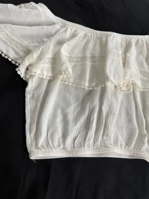 H&M + Coachella Cream Lace PomPom Off The Shoulder Top thumbnail 6