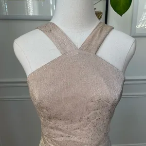 Lulus Metallic Gold Halter Grecian Neck Flowing Chiffon Formal Gown Dress S thumbnail 3
