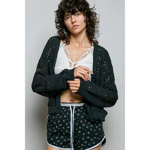 POL Open-Knit Floral Button‎ Cardigan - Small thumbnail 2