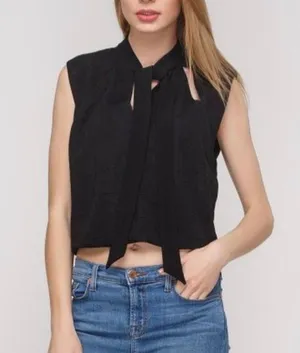 Zara Slit Front Cap Sleeve Cropped Tie Neck Top Black Size Small 5410/234/800 thumbnail 4