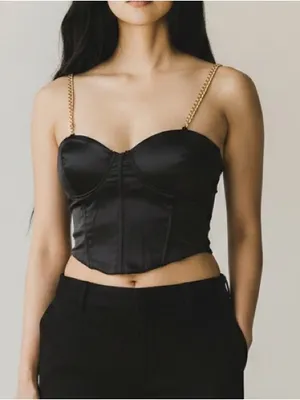 Love By Design Black Satin Corset Crop Top with Gold Chain Straps thumbnail 1