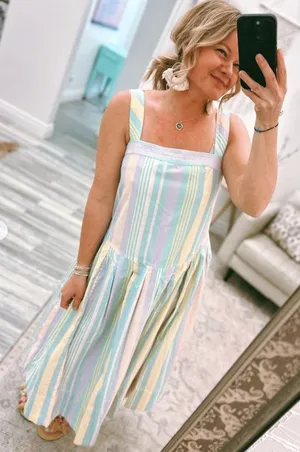 FREE PEOPLE Primavera Stripe Cotton Midi Dress in Pastel Combo Size Medium thumbnail 1