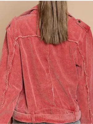 POL Coral Pink Corduroy Belted Moto Jacket thumbnail 2