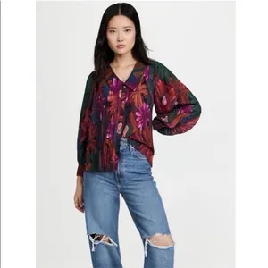 NEW Farm Rio Women’s Bird Flowers Pleated Shirt Multicolor thumbnail 4