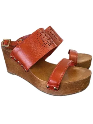 Tory Burch Womens Orange Gold Leather Wooden Wedge Sandals Size 9 Boho Preppy thumbnail 12