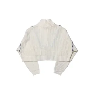 Staud Hampton Cropped Sweater Cream and Navy Blue Stitch thumbnail 4