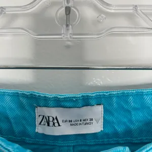 ZARA Wide Leg Blue Colored Denim High Waisted Raw Hem Jeans thumbnail 6
