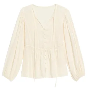 Old Navy Cream Embroidered Tie-Neck Blouse Balloon Sleeve Women’s Size L Peplum thumbnail 3