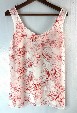 CAbi M Wide Strap Sketch Floral Tank Top in Orange on White thumbnail 1