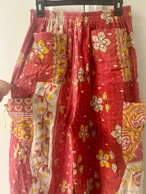 Red and Pink Floral Boho Kantha Jogger Pants thumbnail 6