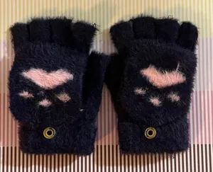 Navy and Pink Cozy Fingerless Gloves with Paw Print thumbnail 1
