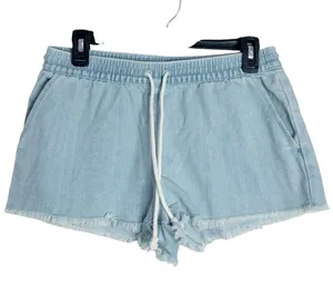 Aerie Light Wash Denim Elastic Waist Drawstring Stretch Shorts Raw Hem size S thumbnail 1