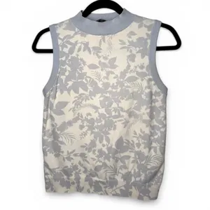 ANN TAYLOR M Knit Sleeveless Mock Neck Top Tank Shirt Floral Baby Blue loft thumbnail 2
